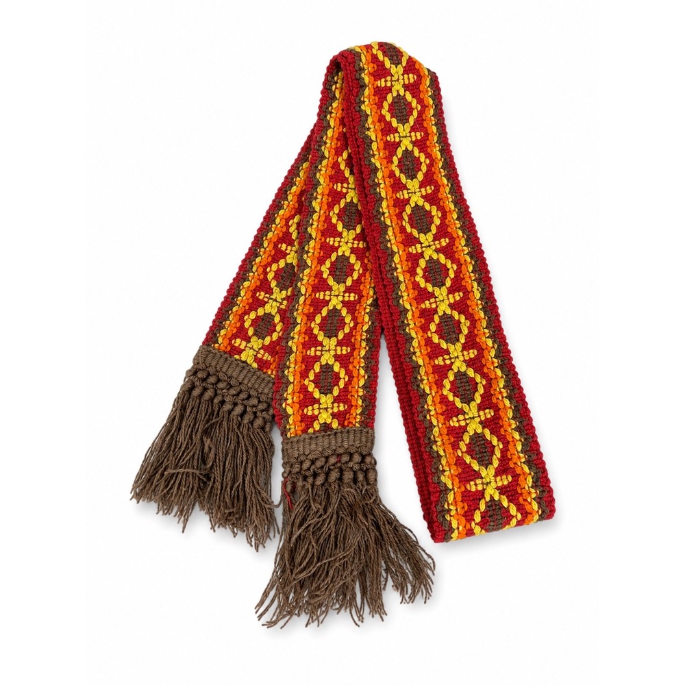Boho Woven Belt Tassel Tie Fringe Red Orange Yellow Tie Western - Picture 2 of 6